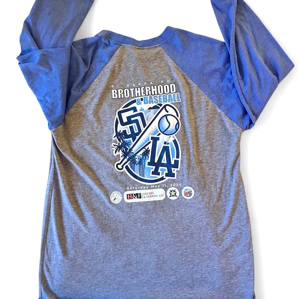 Baseball Raglan Fraternity Pi Kappa Phi Tee Shirt Blue Gray 3/4 Sleeve Medium